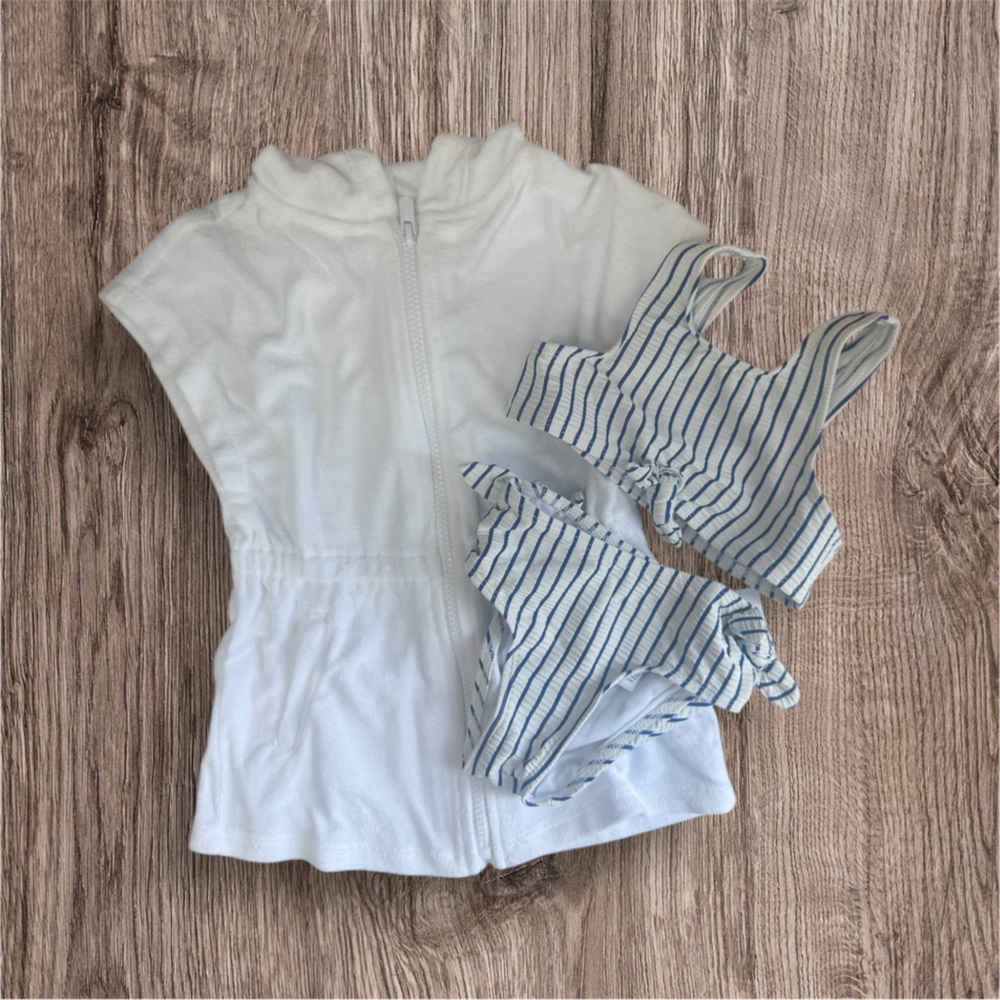Old Navy Navy and White Striped Toddler Swimsuit with White Terrycloth Coverup